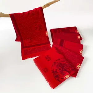 Red New Year scarf shawl set featuring traditional Chinese lucky patterns and festive tassel design.