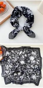 Black and white floral print square scarf, delicate neckerchief detail for women daily wear.