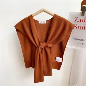 Knitted shoulder wrap detail, solid brown color, stylish summer air conditioning room shawl.