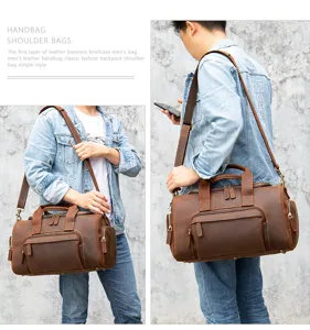 Bolsas de viaje de cuero genuino vintage para hombre, gran bolso de hombro de negocios.