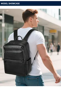 Vue détaillée du sac à dos d'affaires élégant en cuir pour homme avec grands compartiments.