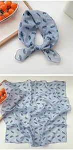 Blue floral square scarf for women, soft linen blend neckerchief for stylish daily wear.