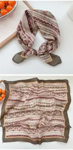 Foulard quadrato con stampa geometrica retrò, materiale in cotone lino traspirante, versatile.