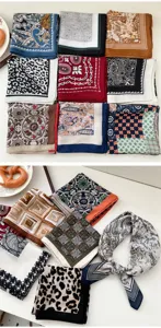 Detailed close-up of women's chic square silk scarves featuring assorted fashion prints.