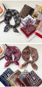 Stylish women square scarf detailed view, featuring vintage paisley and leopard print designs.