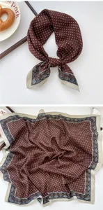 Detailansicht eines braunen Paisleys Quadratschals mit Vintage Borte, elegantes Halstuch.
