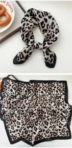 Leopard print square scarf for women, chic neckerchief and stylish vintage fashion accessory.