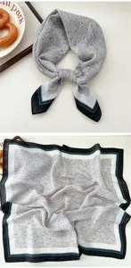 Grey speckled small square scarf detail, elegant black and green border design for women.