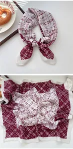 Dunkelrotes kariertes Damentuch, eleganter koreanischer Stil, leichtes modisches Halstuch.