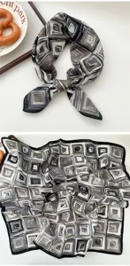Geometric square scarf, stylish neckerchief for women, soft fabric, classic black white grey pattern.