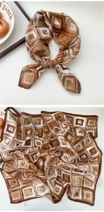 Brown geometric pattern small square scarf, elegant silk feel neckerchief for women and girls.