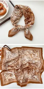 Vintage brown and white landscape print square scarf, elegant neckerchief for women.
