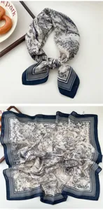 Vintage landscape print square silk scarf, elegant French style neckerchief for women.