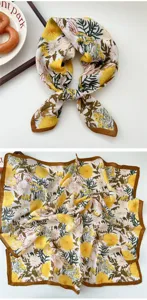 Floral print square scarf detail view, elegant yellow and green botanical pattern design.