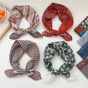 Foulard quadrato in cotone e lino da donna, primavera estate retrò stampa floreale.