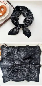 Schwarzes und weißes Paisley-Muster quadratisches Halstuch elegante Vintage Bandana Damen.