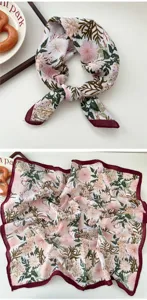 Floral print square scarf with dark maroon border, delicate neckerchief detail view.