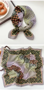 Green geometric patchwork silk scarf, exquisite print details for daily stylish wear.