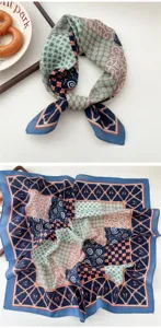Women stylish geometric patchwork square scarf elegant blue brown silk feel neckerchief wrap