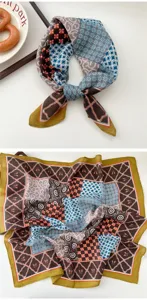 Retro geometric print small square scarf women fashion silk feel neckerchief elegant hijab.