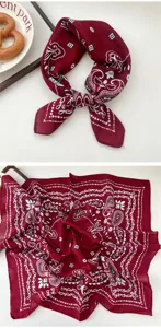 Wine red square scarf with classic paisley print, stylish neckerchief for women.