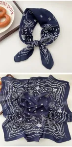 Dark blue paisley print square scarf, elegant neckerchief and stylish fashion accessory.