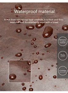 Gedetailleerde opname van premium koeienhuidtextuur met waterdichte prestaties en dikte.