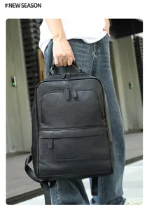 Men's genuine leather backpack, large capacity business casual travel bag for daily commute.