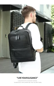 Detailed view of a premium black leather business backpack worn by a model in a urban setting.