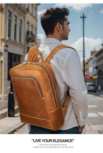 Detailed view of the brown leather backpack worn outdoors in an urban street setting, showcasing quality.