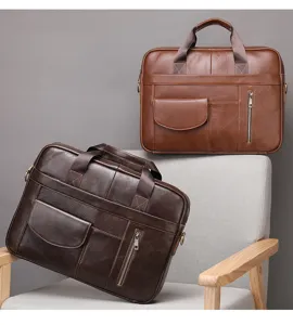 Men leather briefcase business laptop handbag casual commuter shoulder bag product detail