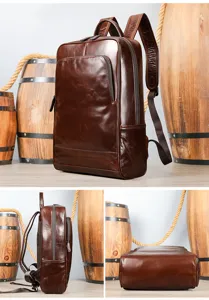 Premium vintage brown leather backpack for men, large capacity business casual travel bag.