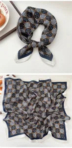 Detailed view of women's vintage geometric pattern silk square scarf with elegant border design.