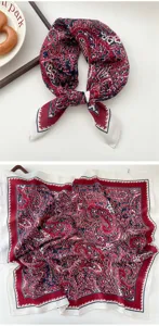 Vintage paisley print square scarf for women, elegant red and blue neckerchief.