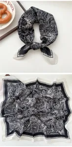 Classic black and white paisley print square scarf, elegant neckerchief for daily wear.
