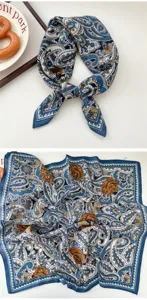 Blue paisley silk scarf detail view, elegant floral pattern square scarf for women.