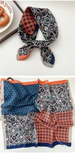 Silk square scarf featuring geometric and floral patchwork design for women daily wear.