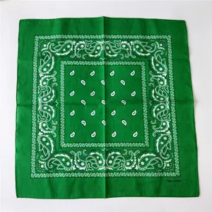 Green cotton paisley bandana square scarf, versatile headscarf and stylish fashion accessory.