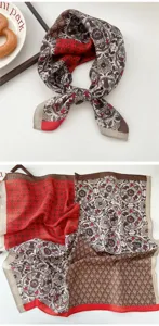 Vintage multi-color floral print square silk scarf for women, elegant fashion neckerchief.