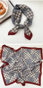 Women silk square scarf stylish checkerboard pattern hair scarf neck wrap accessory.