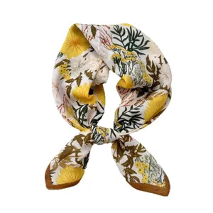 Floral printed square scarf for women, elegant yellow and green botanical neckerchief.