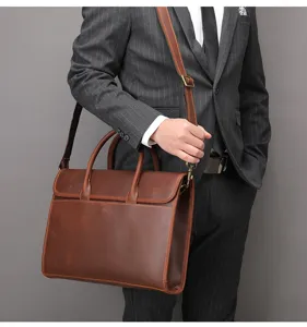 Detailed view of genuine crazy horse leather business briefcase for men, elegant brown leather bag.