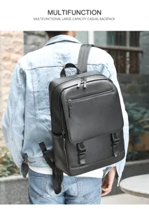 Sac à dos d'affaires en cuir noir de haute qualité, grand sac à dos multifonctionnel pour hommes.