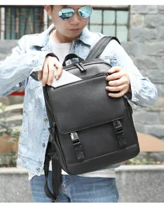 Sac à dos homme en cuir noir cartable business ordinateur portable style quotidien