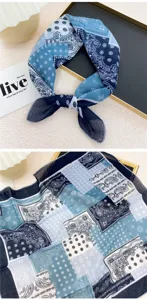 Blue paisley square scarf for women, fashionable cotton blend bandana headband and neckerchief.