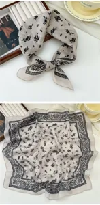 Cotton linen square scarf with vintage floral and paisley print, soft breathable summer neckerchief.