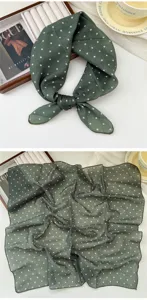 Dark green cotton linen polka dot square scarf, soft breathable stylish neckerchief for women.