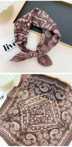 Brown paisley square scarf detail shot, showing the intricate floral pattern and soft texture.