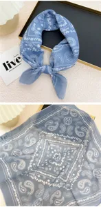 Blue paisley square scarf, cotton linen bandana, stylish hair band and neck accessory for women.