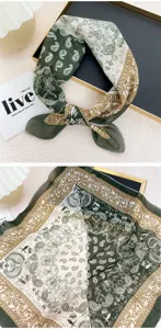 58cm paisley print cotton linen square scarf, vintage green boho neckerchief for women.